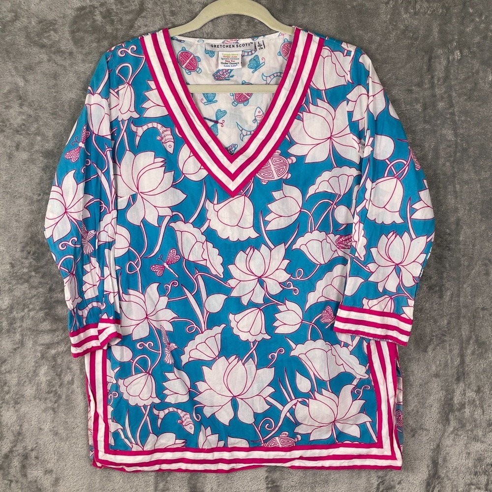 Beautiful Gretchen Scott Blue White Pink Floral V-Neck Tunic Size L